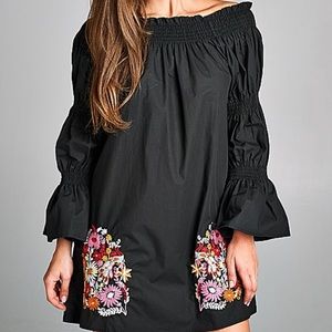 Black Floral Embroidered Smocked Off the Shoulder Tunic 100% Cotton